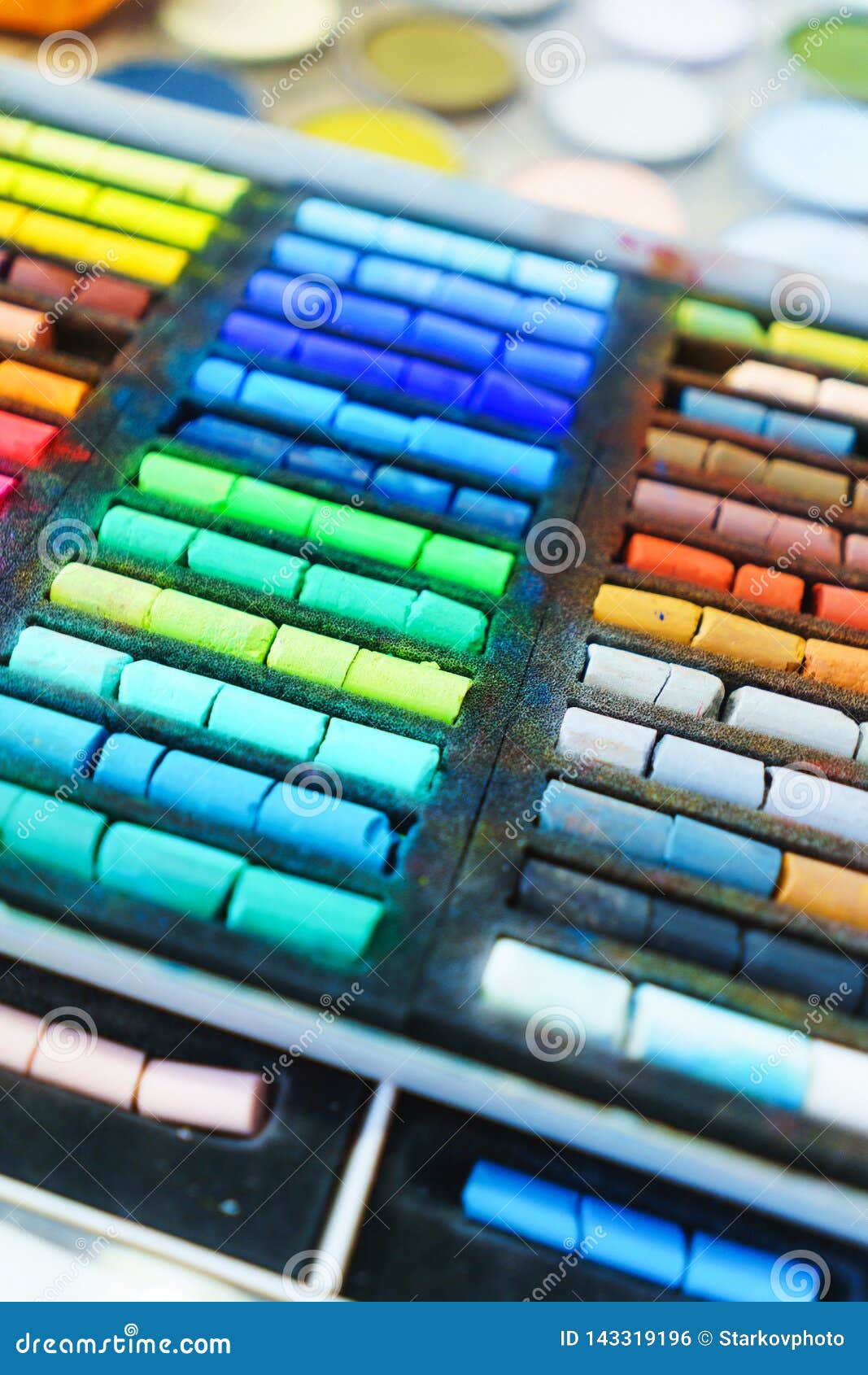 Box of oil pastel crayons stock photo. Image of concentration