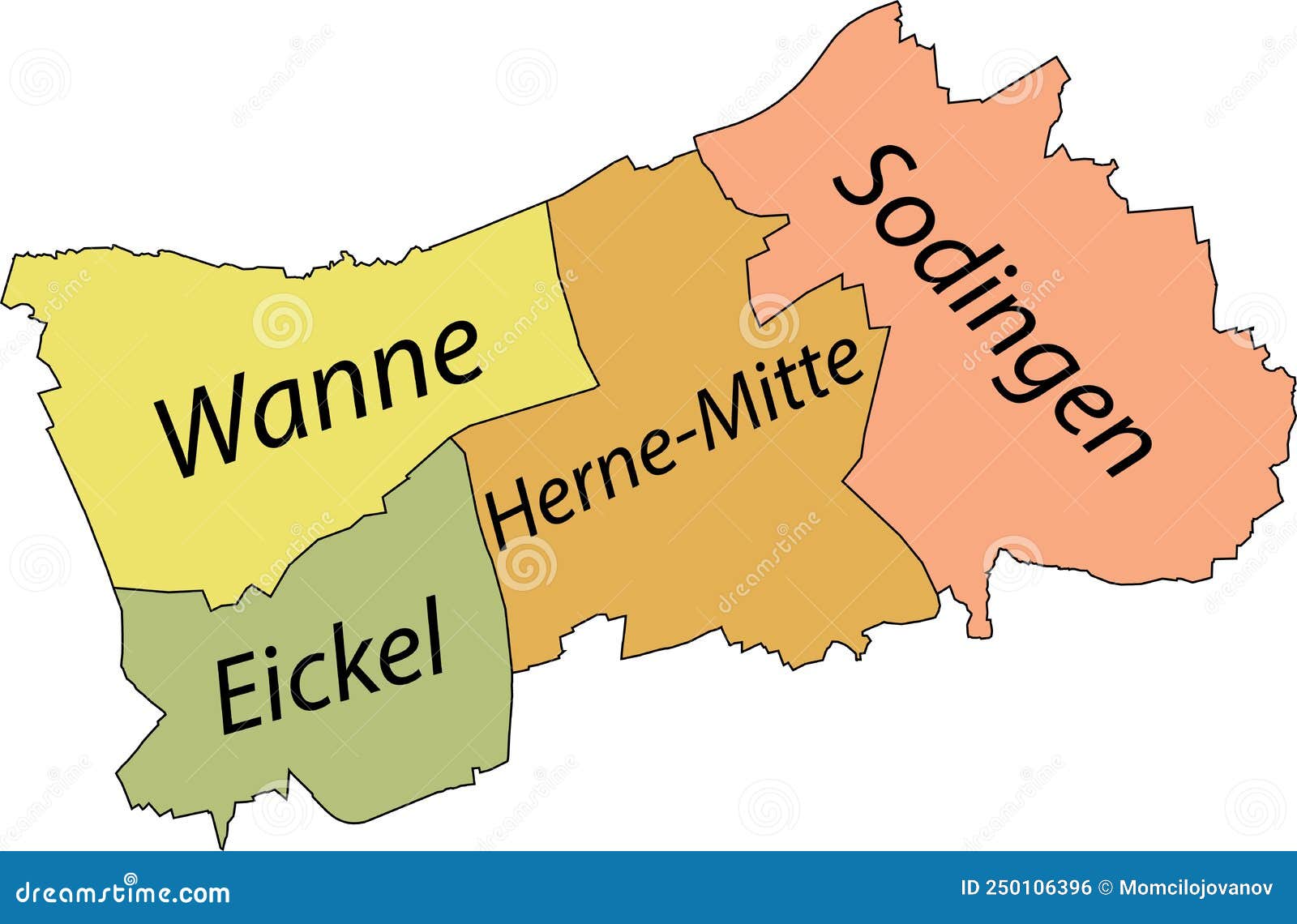 Pastel Flat Vector Administrative Map Herne Germany Name Tags Black Border Lines Its Districts Tagged 250106396 