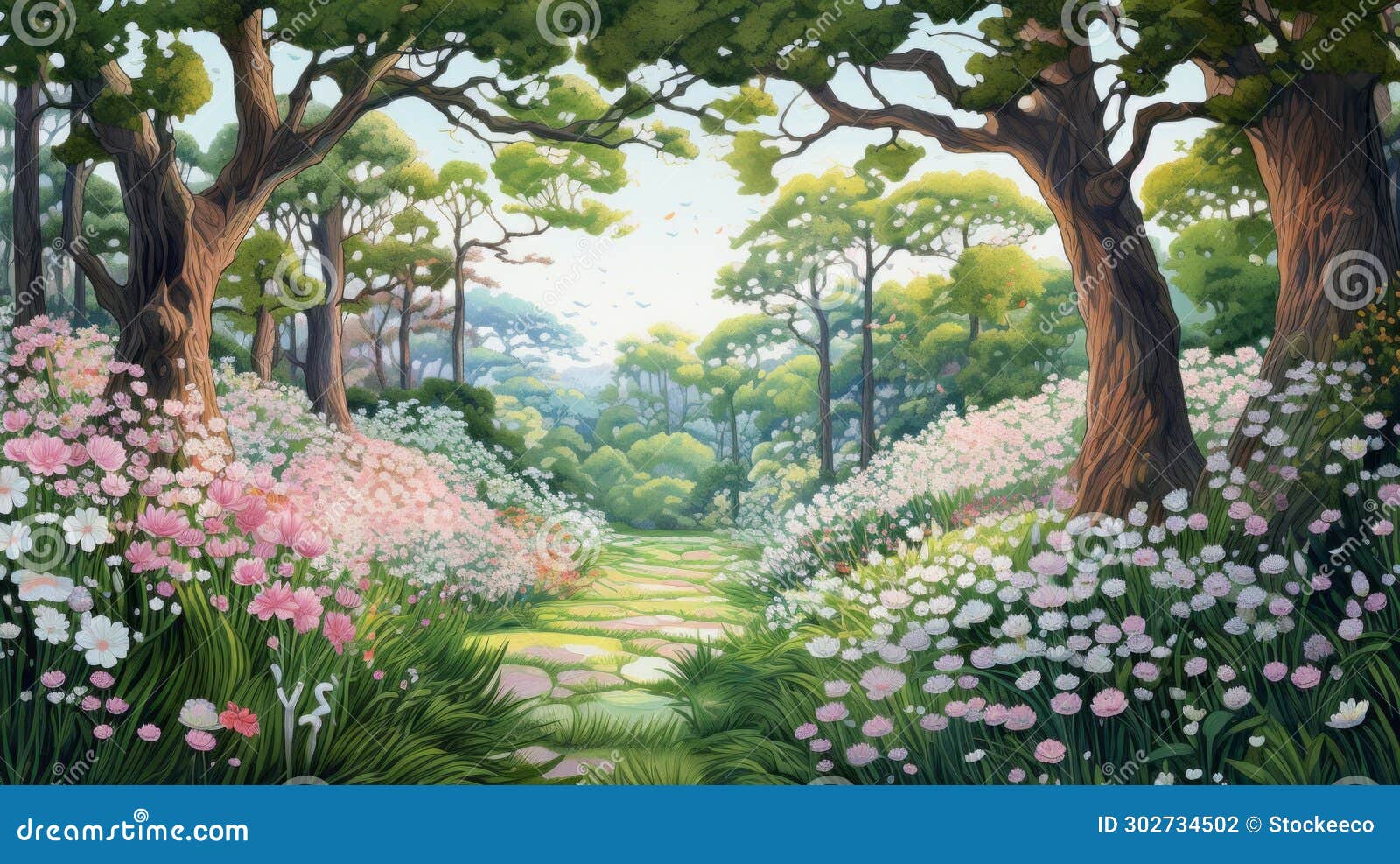 Pastel Forest Path with White Flowers Painting Stock Illustration
