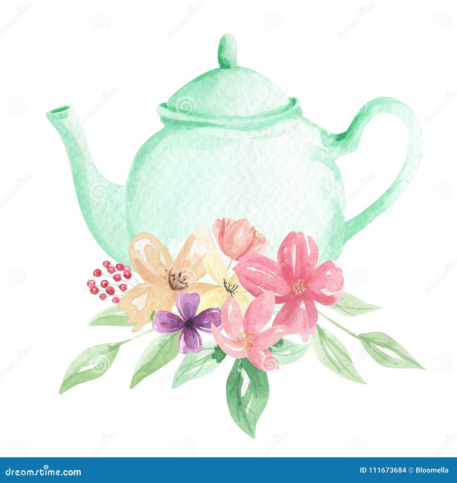 pastel mint teapot flowers watercolor foliage afternoon tea floral arrangement