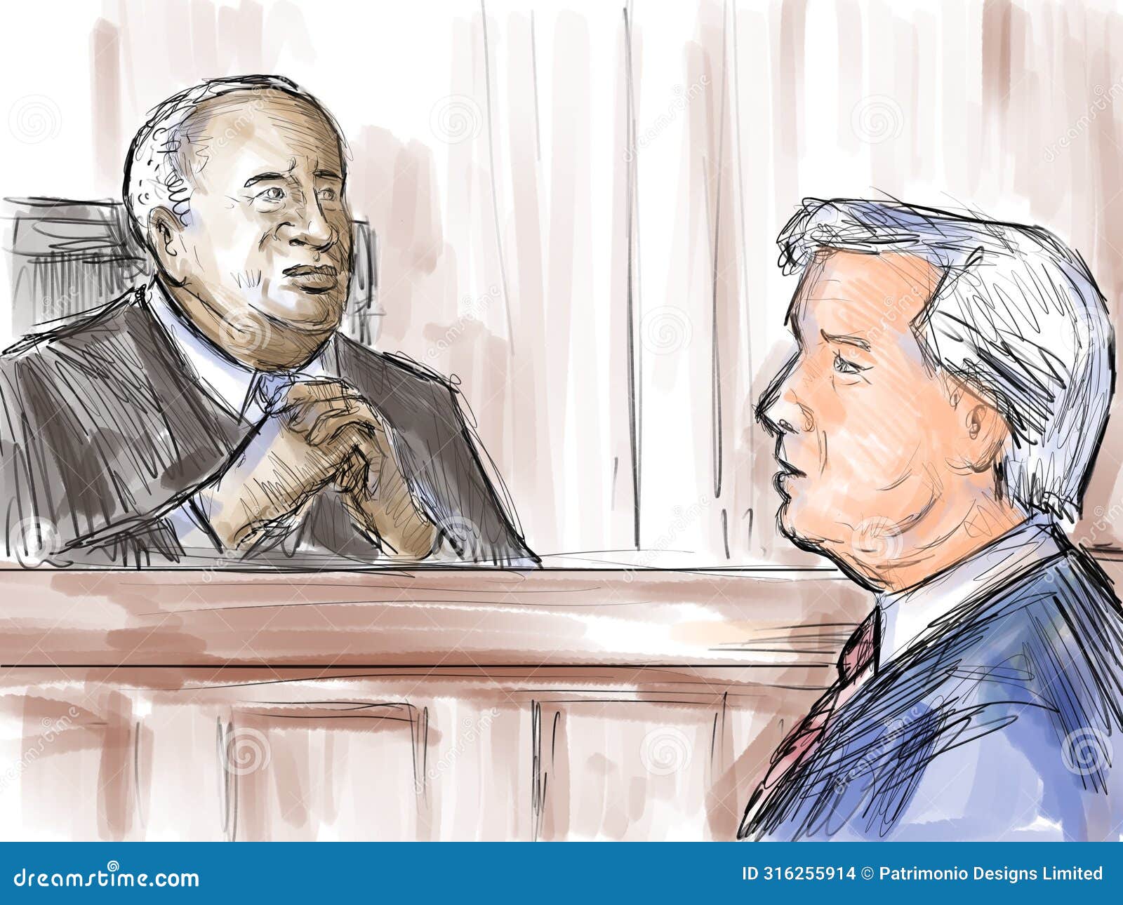 courtroom trial sketch showing judge listening to argument of lawyer defendant plaintiff witness in court of law