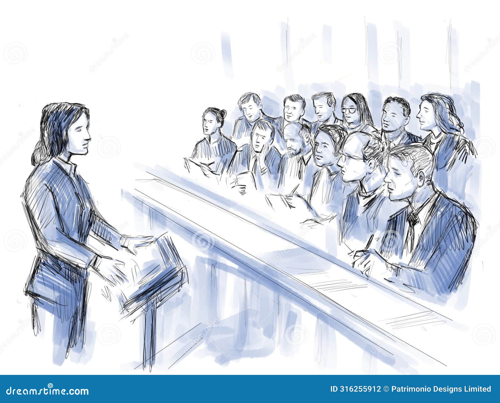 courtroom trial sketch showing lawyer of defendant plaintiff addressing jury in closing argument inside court of law