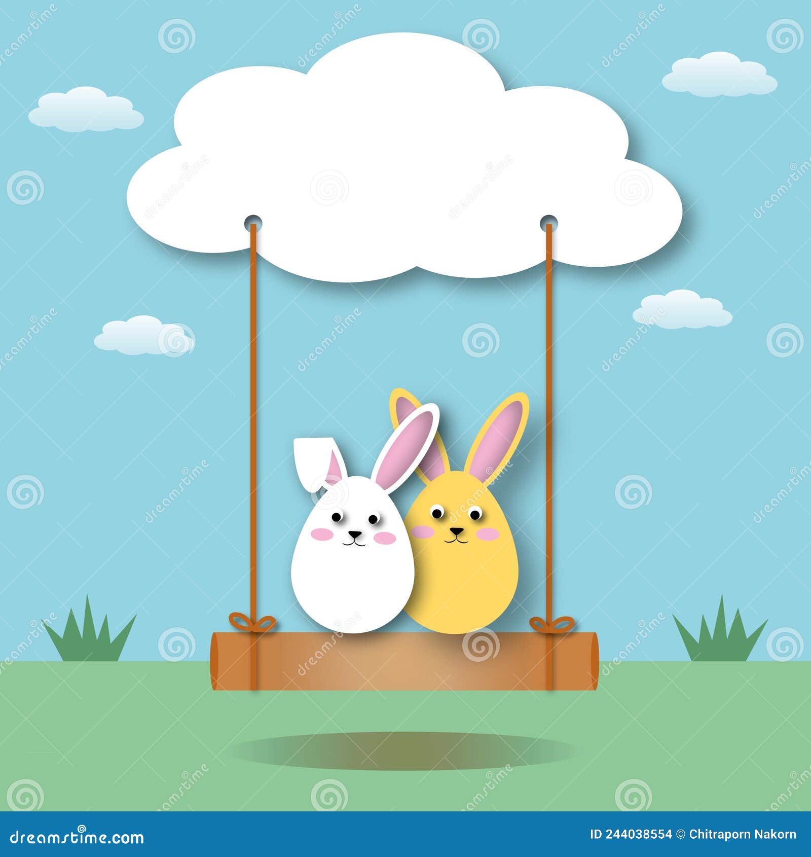 pastel rabbits like egg  with swing on blue sky background, holiday  for greeting card of happy easterÃ¢â¬â¢s day.