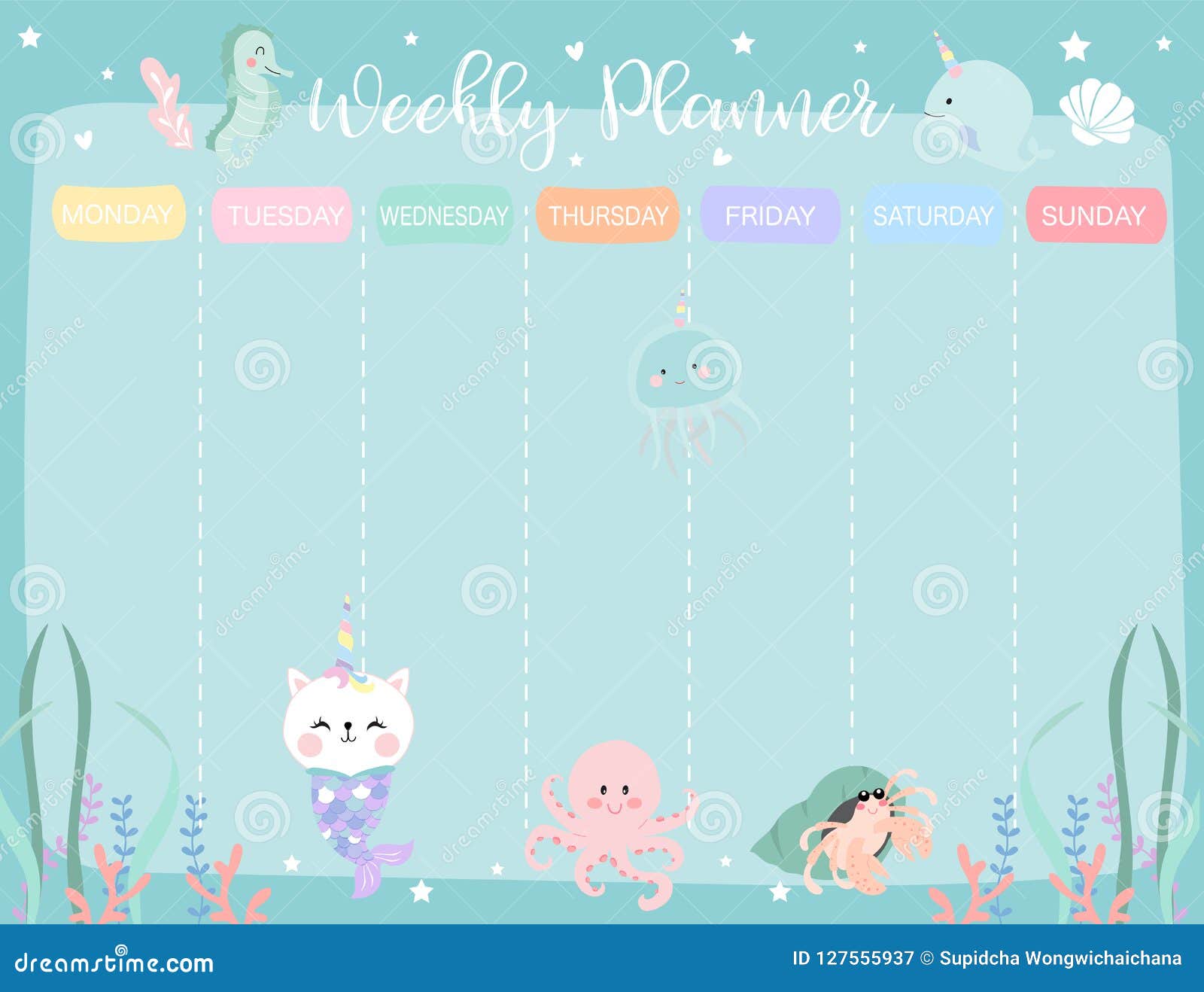 pastel weekly calendar planner with little mermaid,caticorn,squid,coral and sea horse