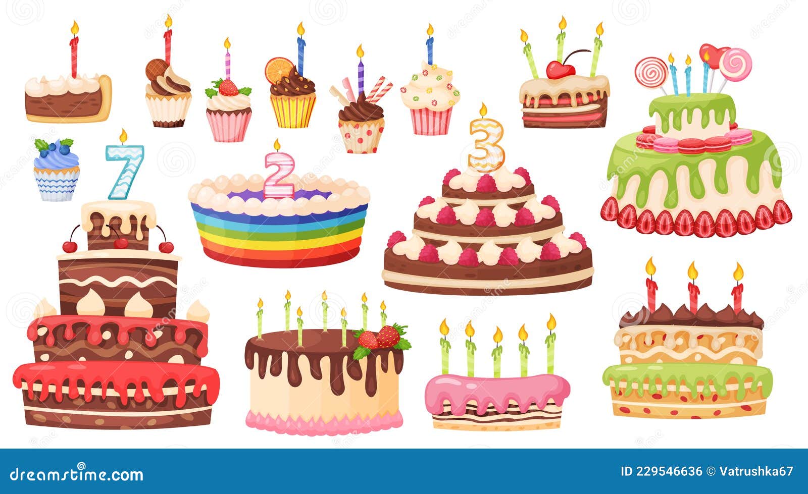 Pasteles De Dibujos Animados Y Pastelitos Con Velas Deliciosos Postres  Dulces. Celebración De Cumpleaños Torta De Chocolate Bizcoc Ilustración del  Vector - Ilustración de feliz, nacimiento: 229546636