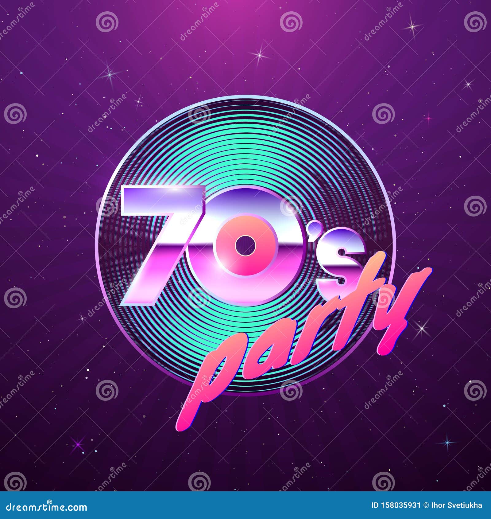 paster template for retro disco party 70s. vinyl record and neon colors  of 1970 style. vintage music flyer. 