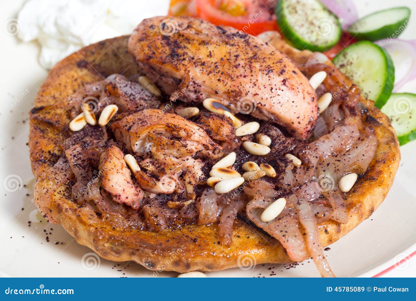 Pasto del pollo del sumac di Musakhan. Musakhan, pollo palestinese tradizionale del sumac, su un piatto con un'insalata e un yogurt, angolo alto