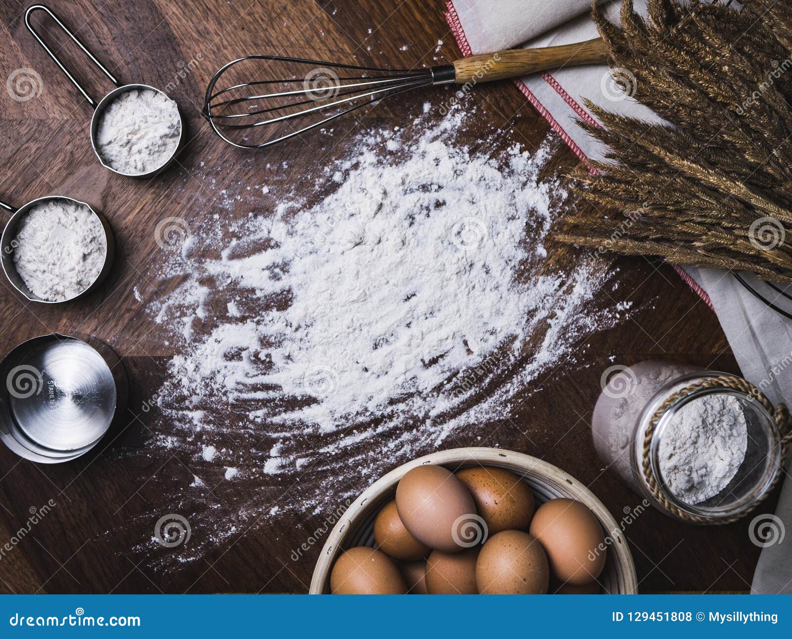 Pastry Baking Accessories Bakery Background with Flour and Whisk Stock