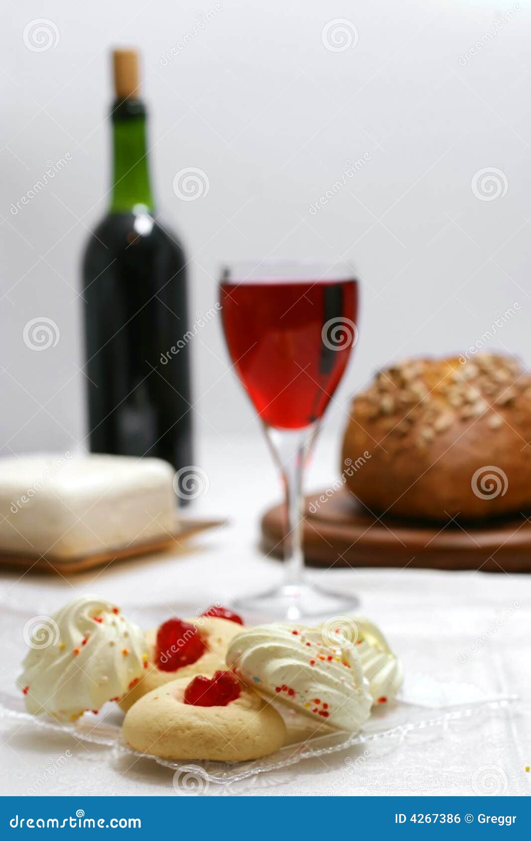 Pastry cake wine and bread stock photo. Image of candle 4267386