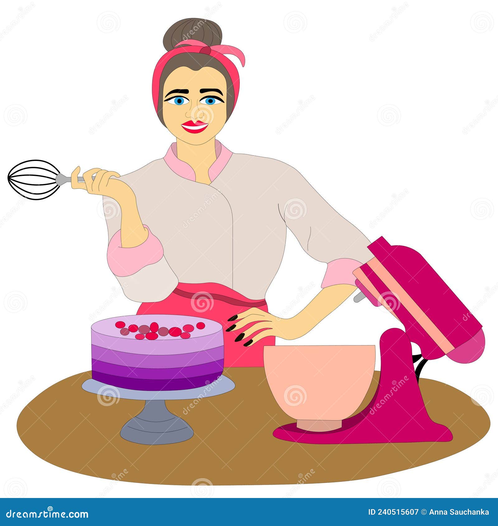 pastry chef girl, baker holds whisk in her hands, cooked cake on
