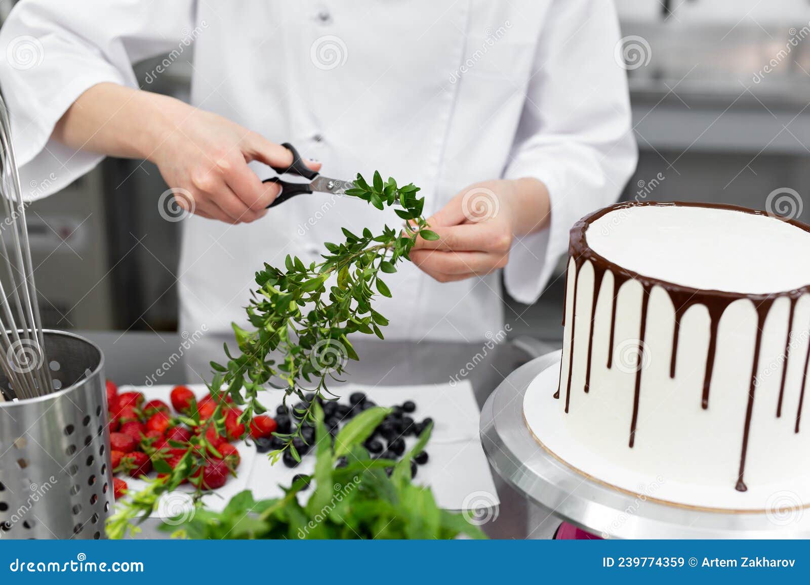 Pastry Chef Prepares Herbs for Decorating the Cake Stock Image Image