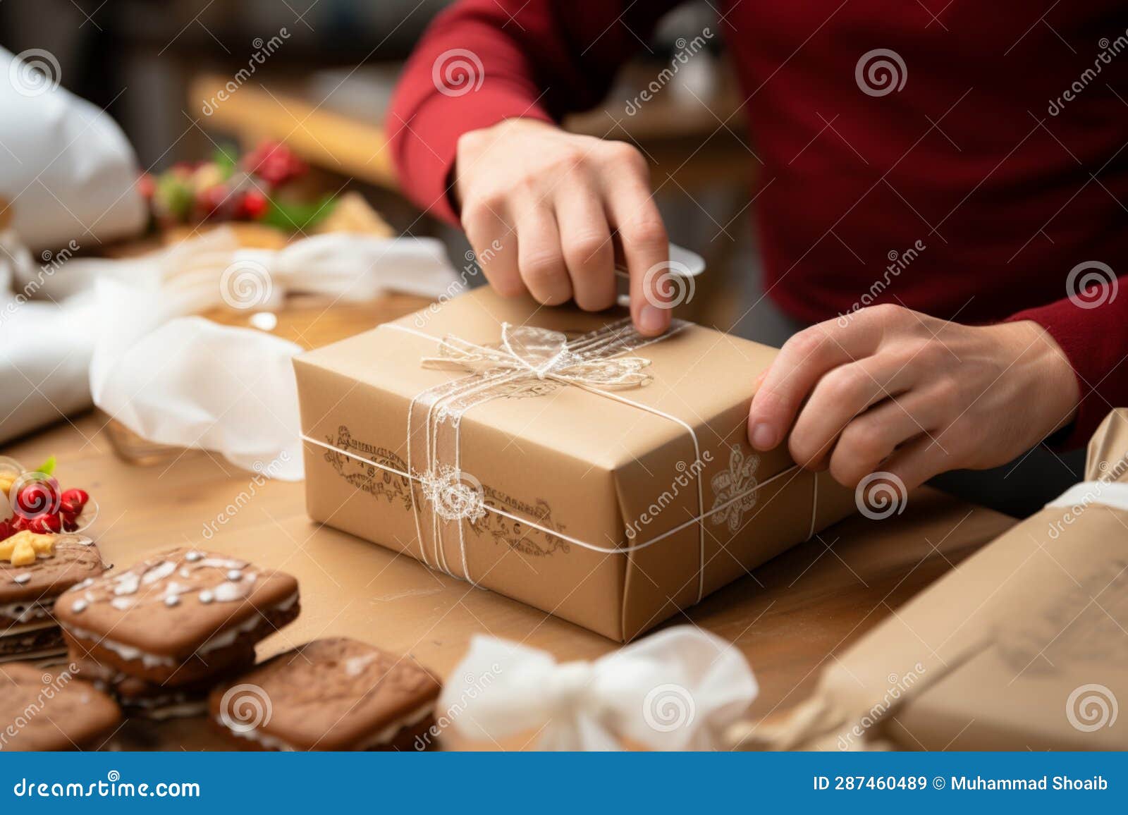 pastry packaging: confectioner's hands expertly encase cardboard box in close-up, showcasing skilled artistry.