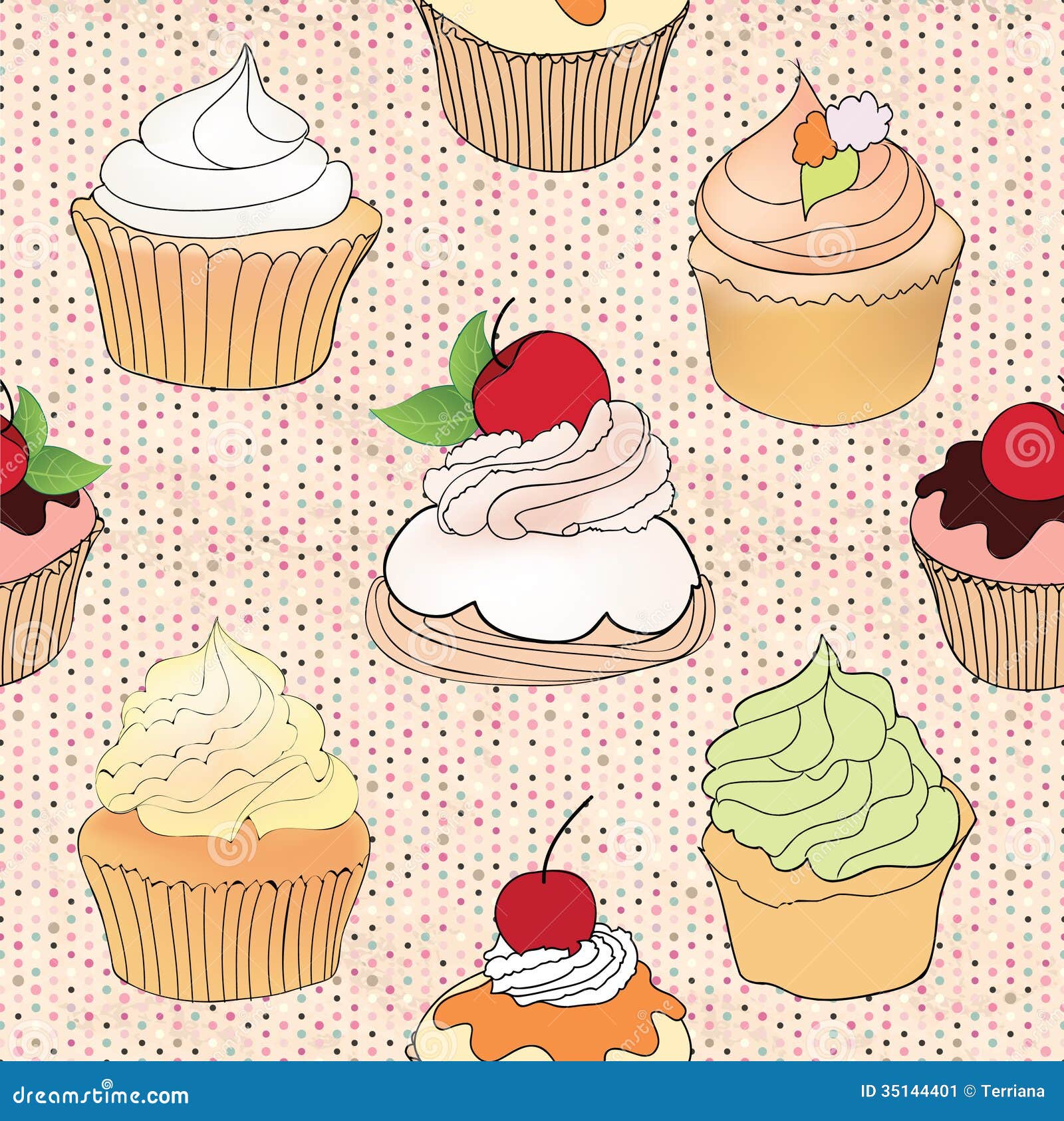 Pastry Seamless Wallpaper Muffin Over Polka Dot Seamless Pattern