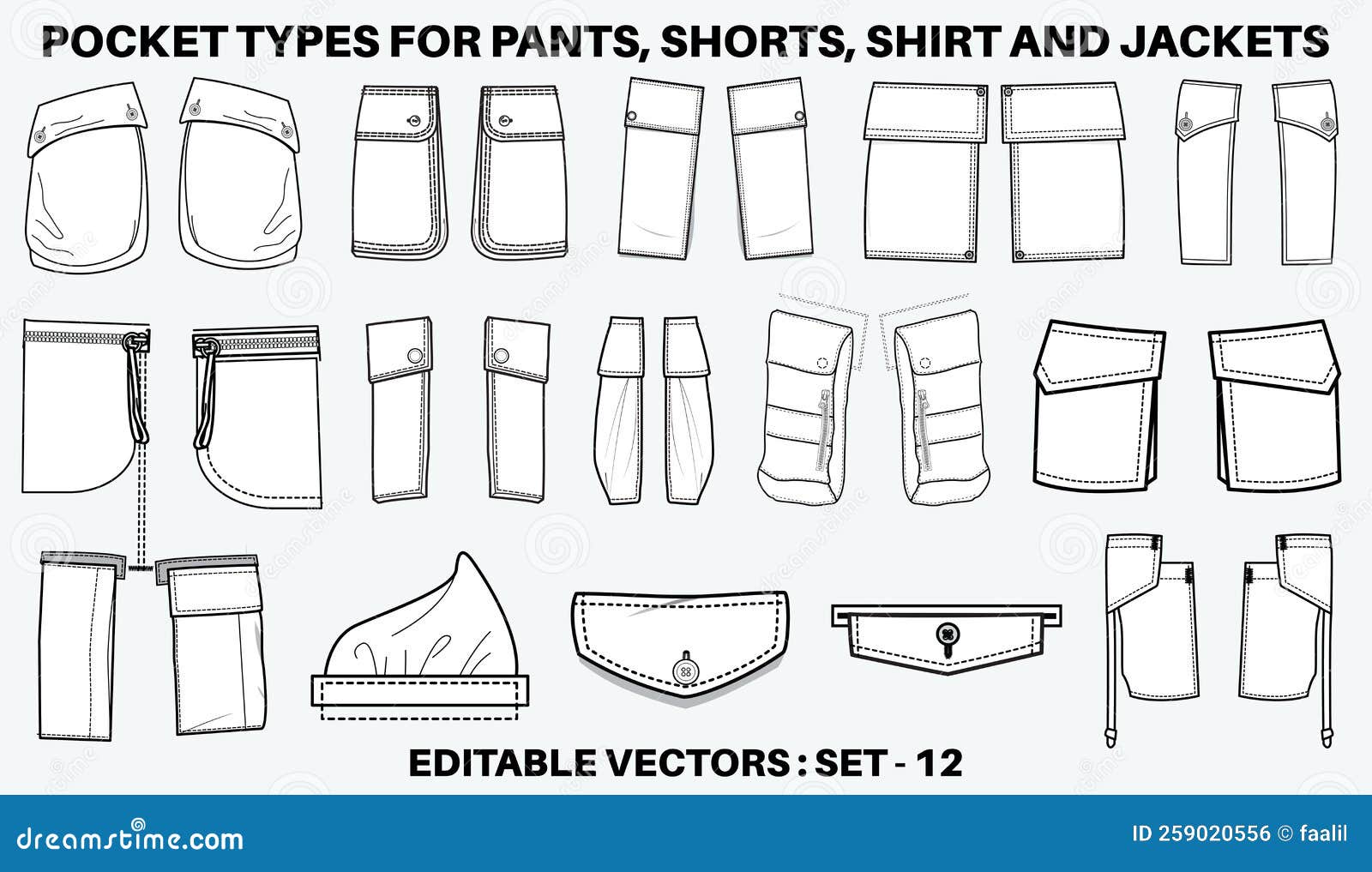 Patch Pocket Flat Sketch Vector Illustration Set, Different Types of ...