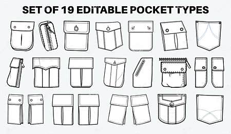 Patch Pocket Flat Sketch Vector Illustration Set, Different Types of ...