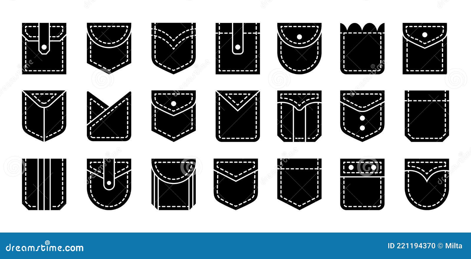 Patch Pockets with Flap and Button Closure. Different Shapes Flat and Cargo  Pockets for Shirt, Jean & Bag. Icon Set Stock Vector - Illustration of denim,  pocket: 221194370