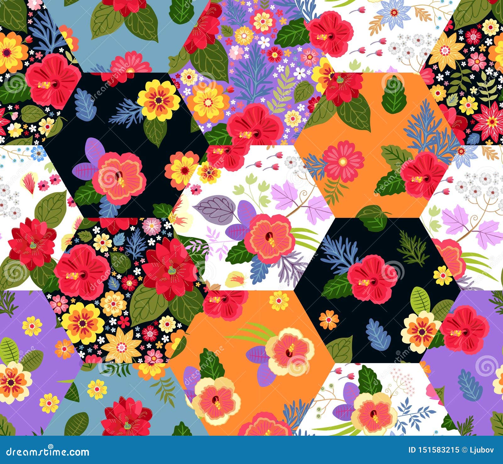 Patchwork Seamless Pattern With Bright Exotic Flowers Colorful Design