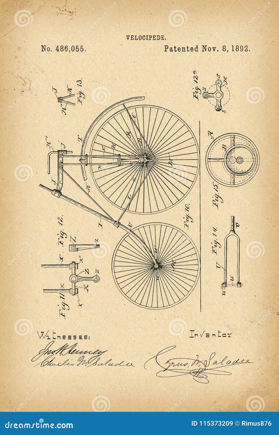 1892 Patent Velocipede Bicycle History Invention Editorial Stock Image