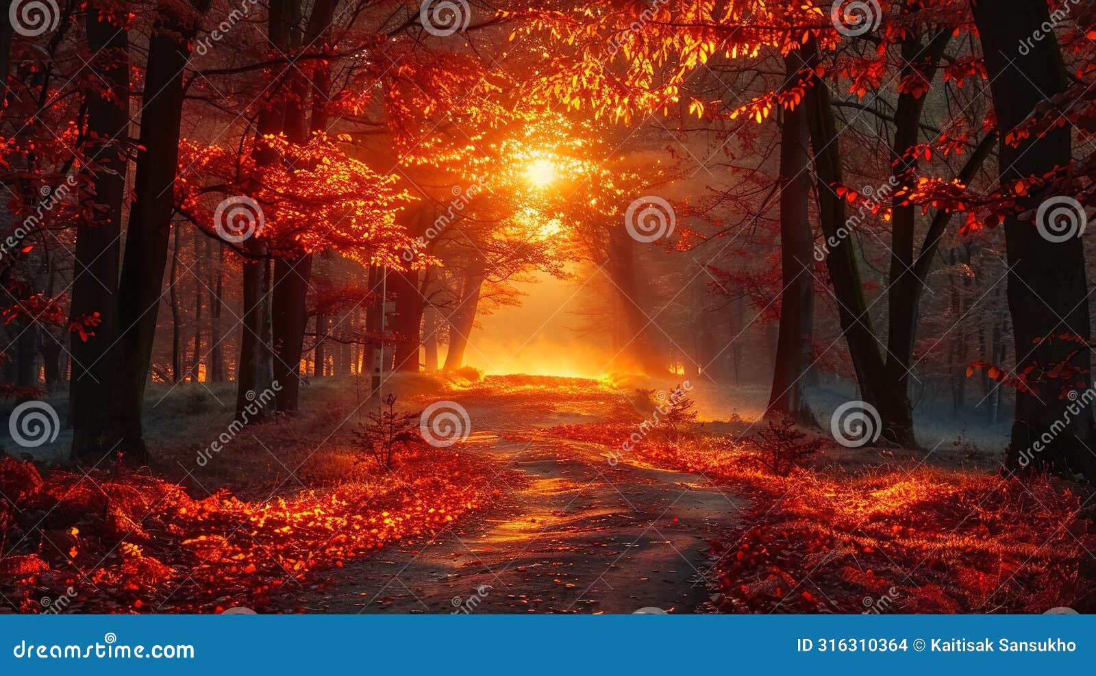 the path through the autumn forest is covered with fallen leaves. the sun shines brightly through the trees