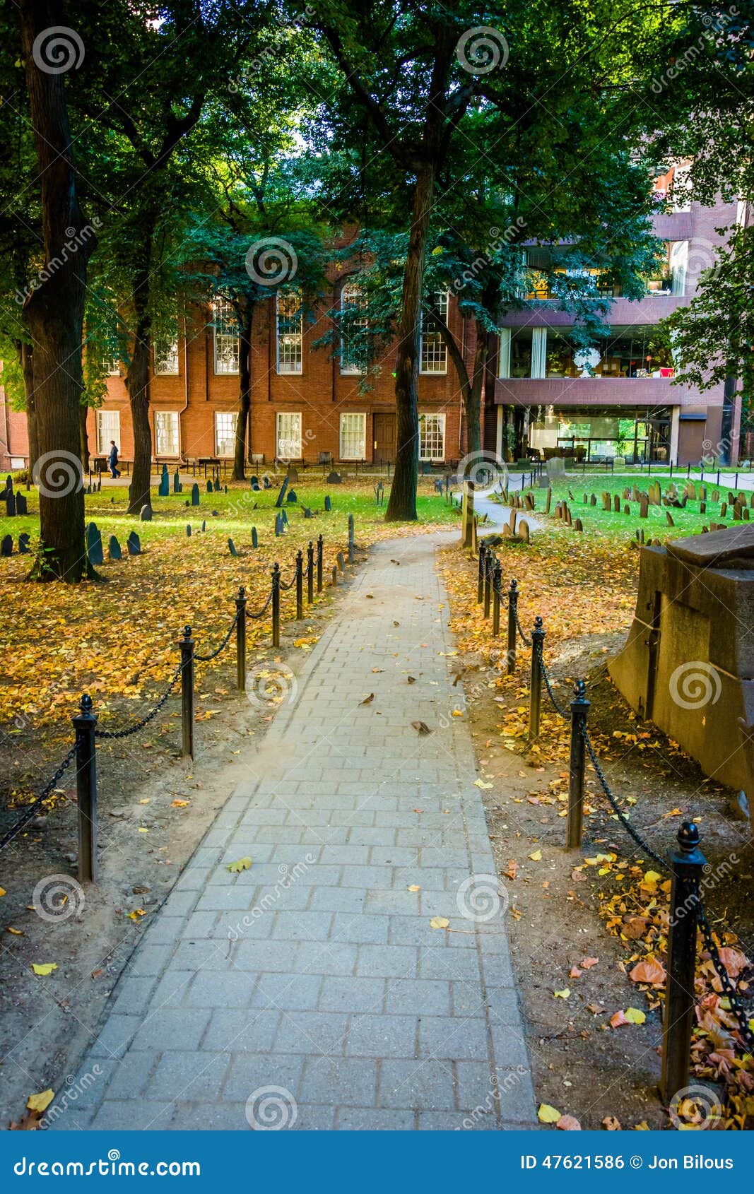 Path through a Historic Cemetary in Boston, Massachusetts. Stock Photo