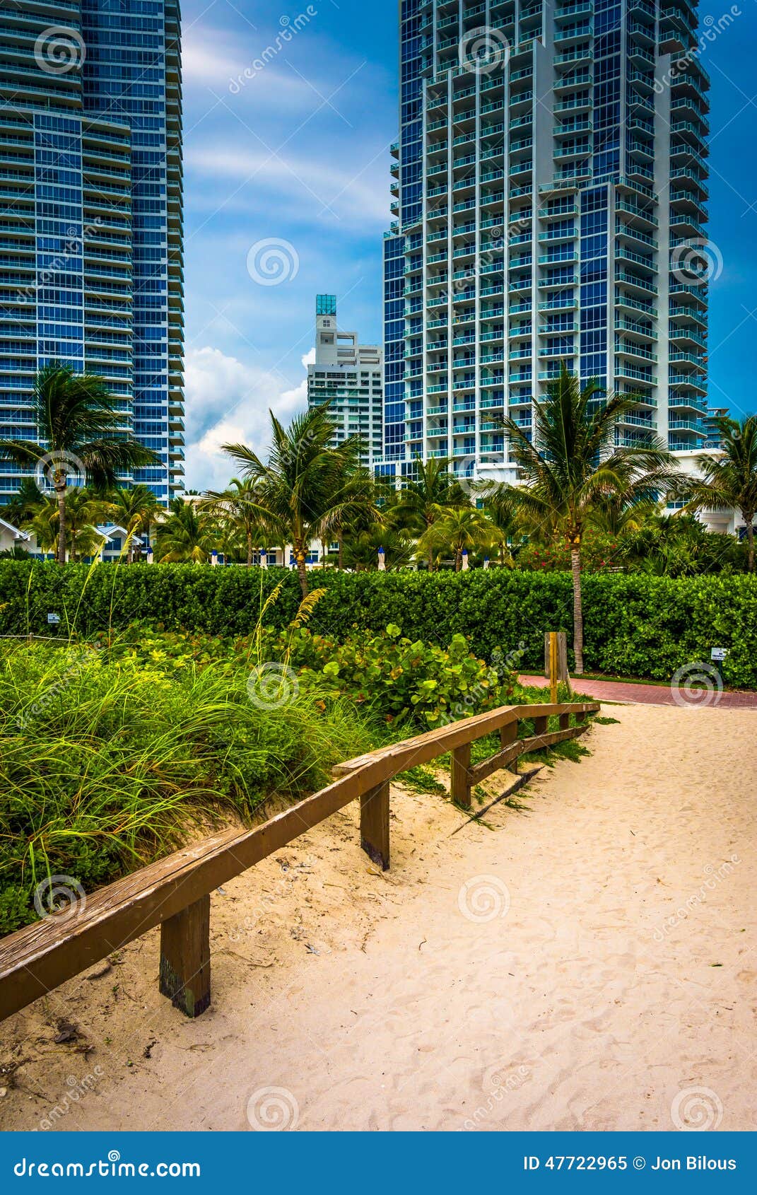 path to the beach and highrises in south beach, miami, florida.