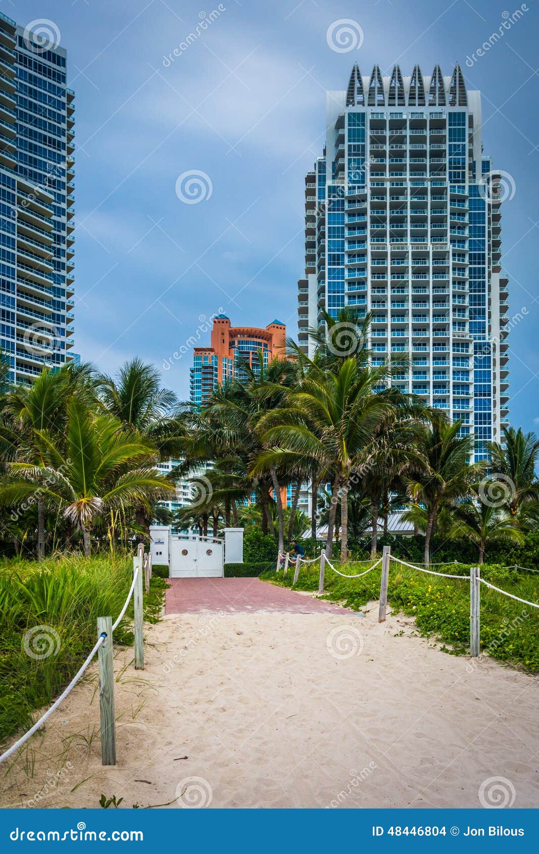 path to the beach and highrises in south beach, miami, florida.