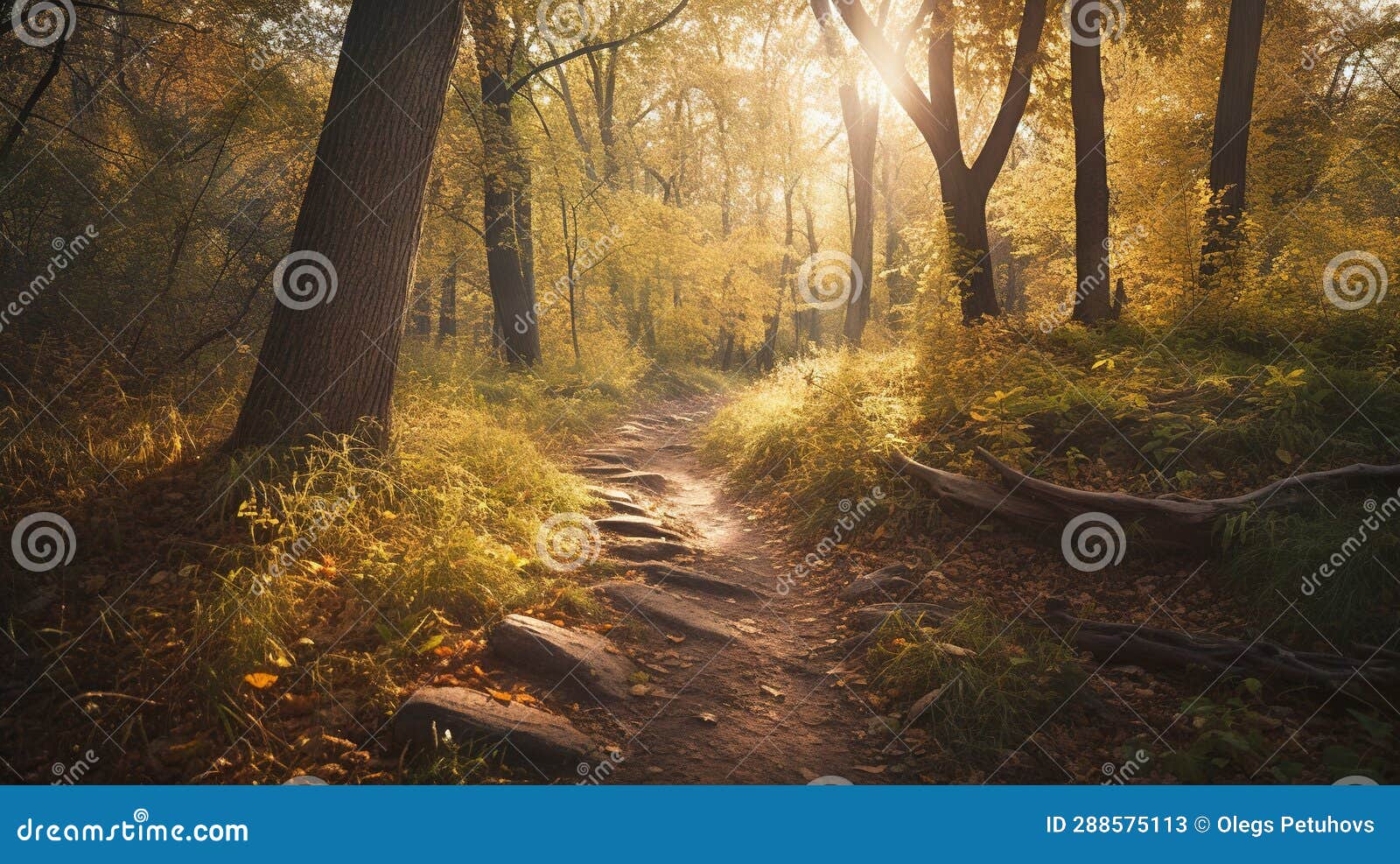 A Path in the Woods with Sun Shining through the Trees Stock Image
