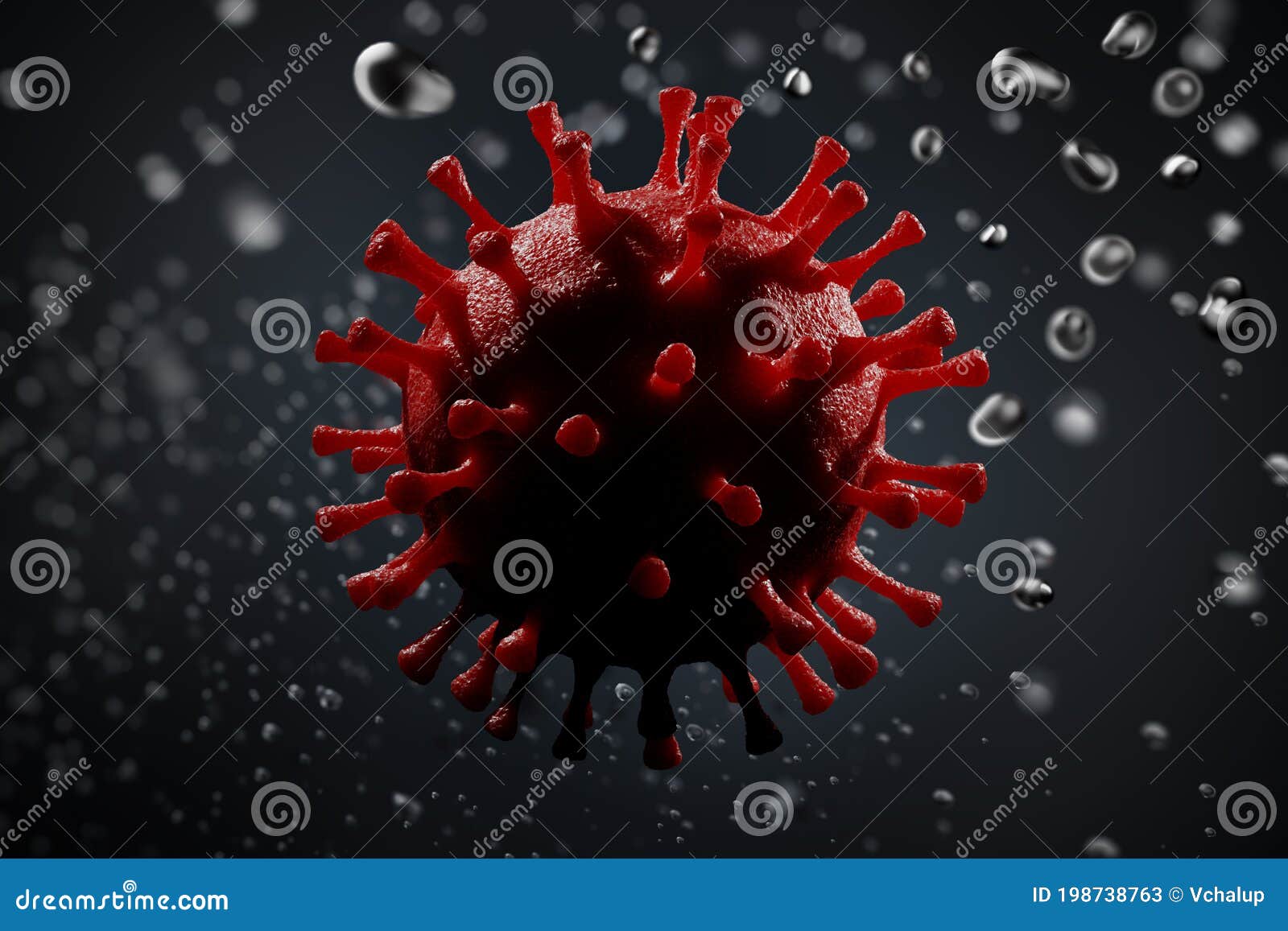 Pathogenic Virus Causing Infection. Water Droplets Around. 3D Rendered Illustration. Stock