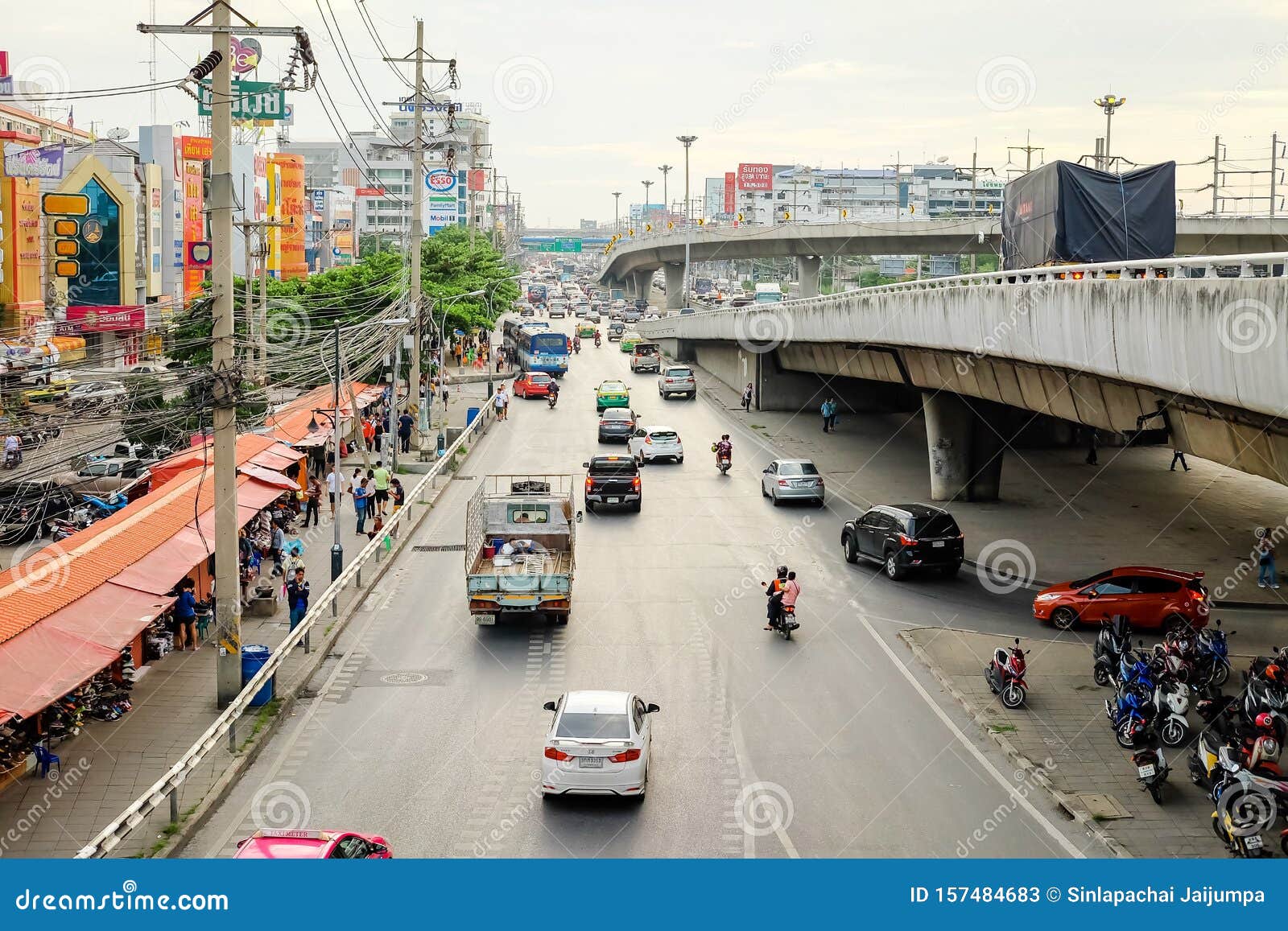 Many Car Bus And Motorcycle Cause Traffic Jams At Rangsit Pathum Thani Road With Tollway And Building Editorial Stock Photo Image Of City Elevated