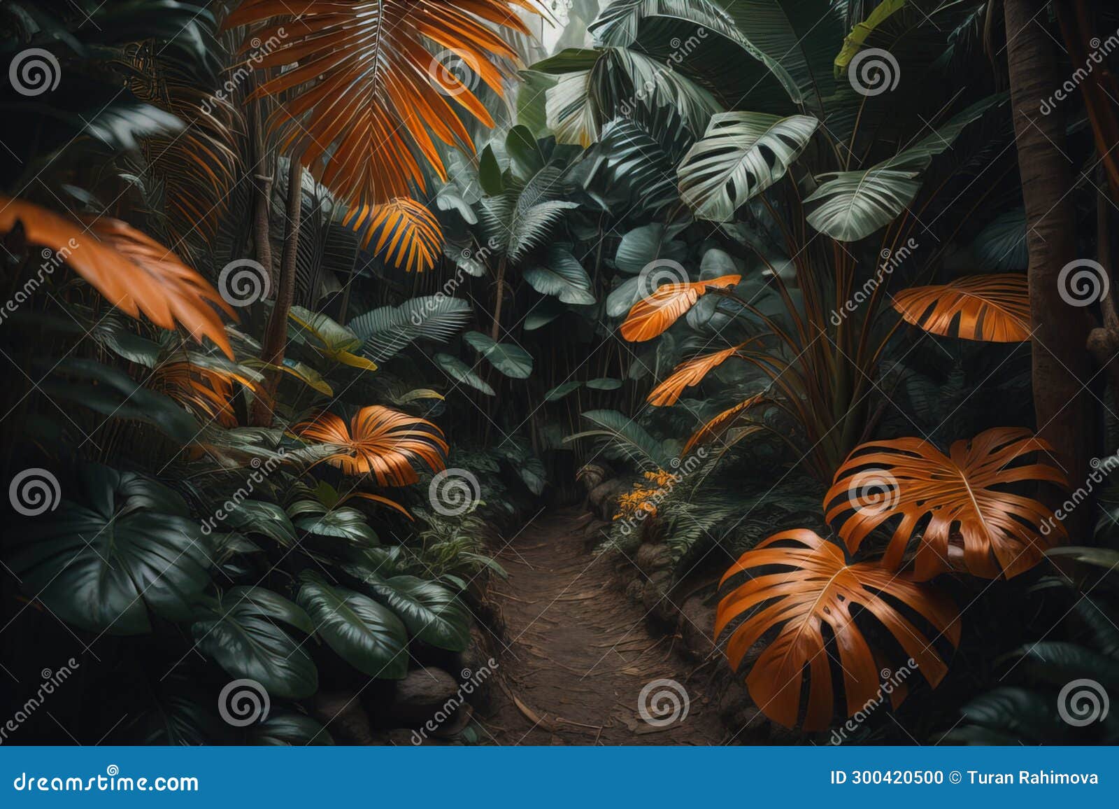 A Pathway in Tropical Rainforest with Palm Trees and Path in the Mist