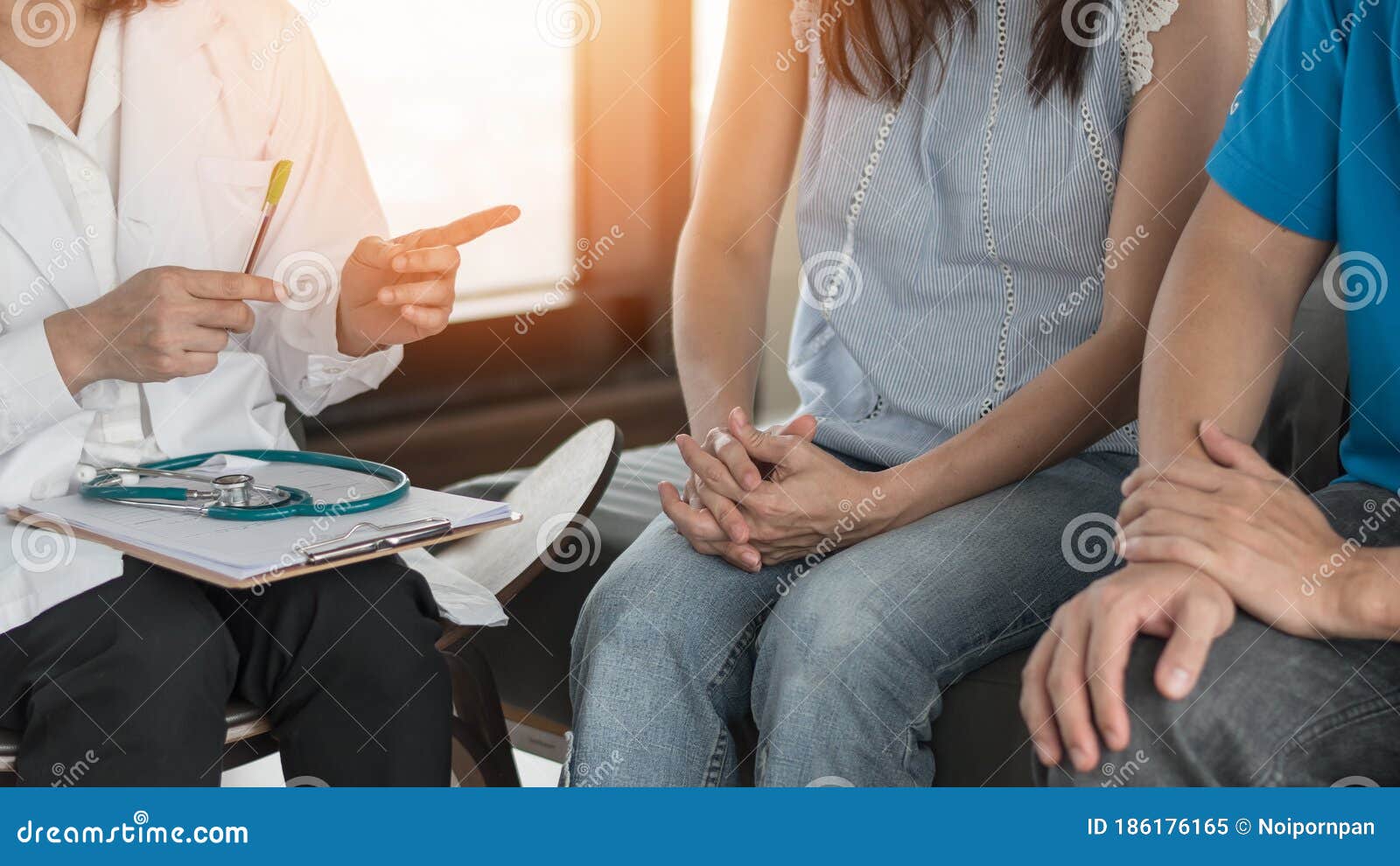 patient couple having doctor or psychologist consulting on marriage counseling, family medical healthcare therapy