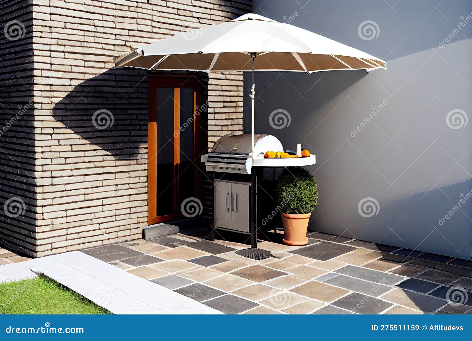 Patio with Barbecue Grill, Side Table and Umbrella for Sunny Days Stock