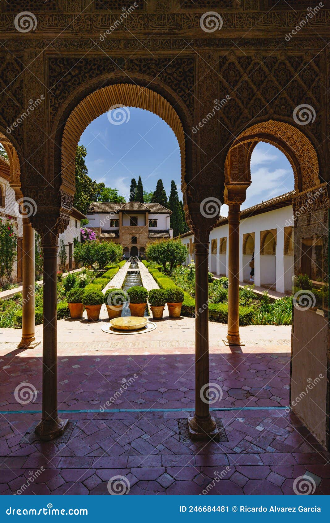 patio de la acequia in the monumental alhambra in granada, in spain