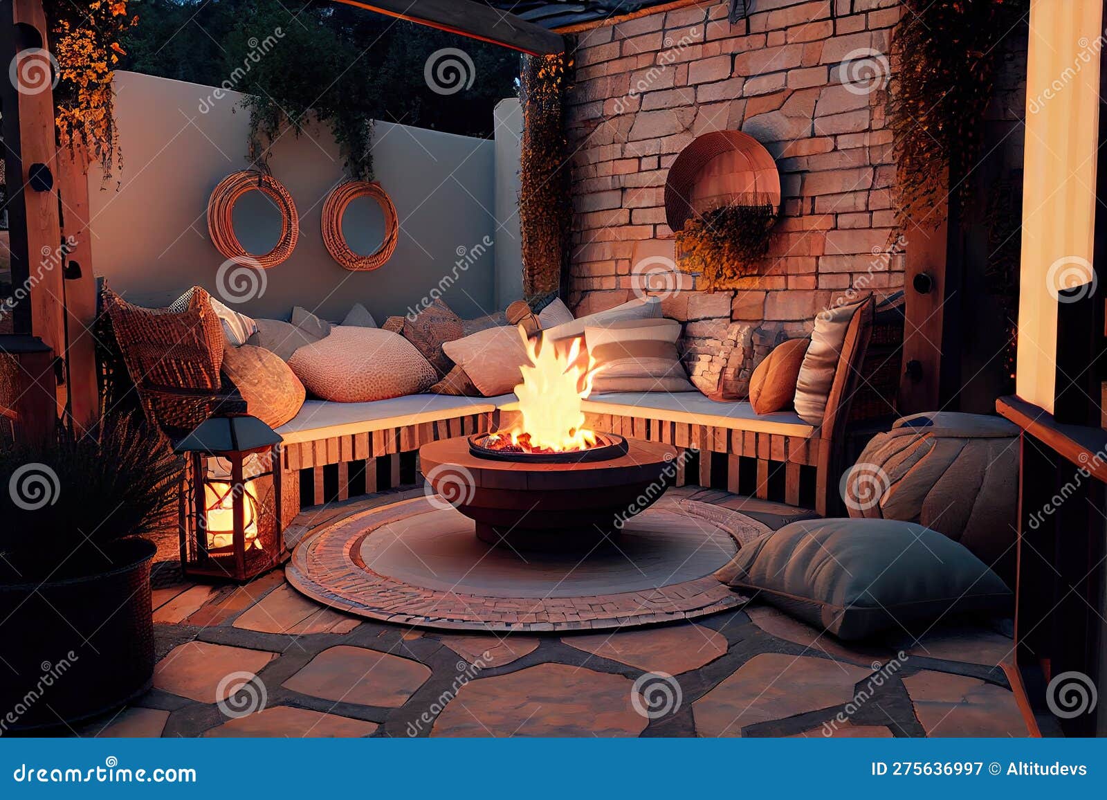 Patio with Fire Pit and Cozy Blankets for Warm Evening Stock Illustration Illustration of