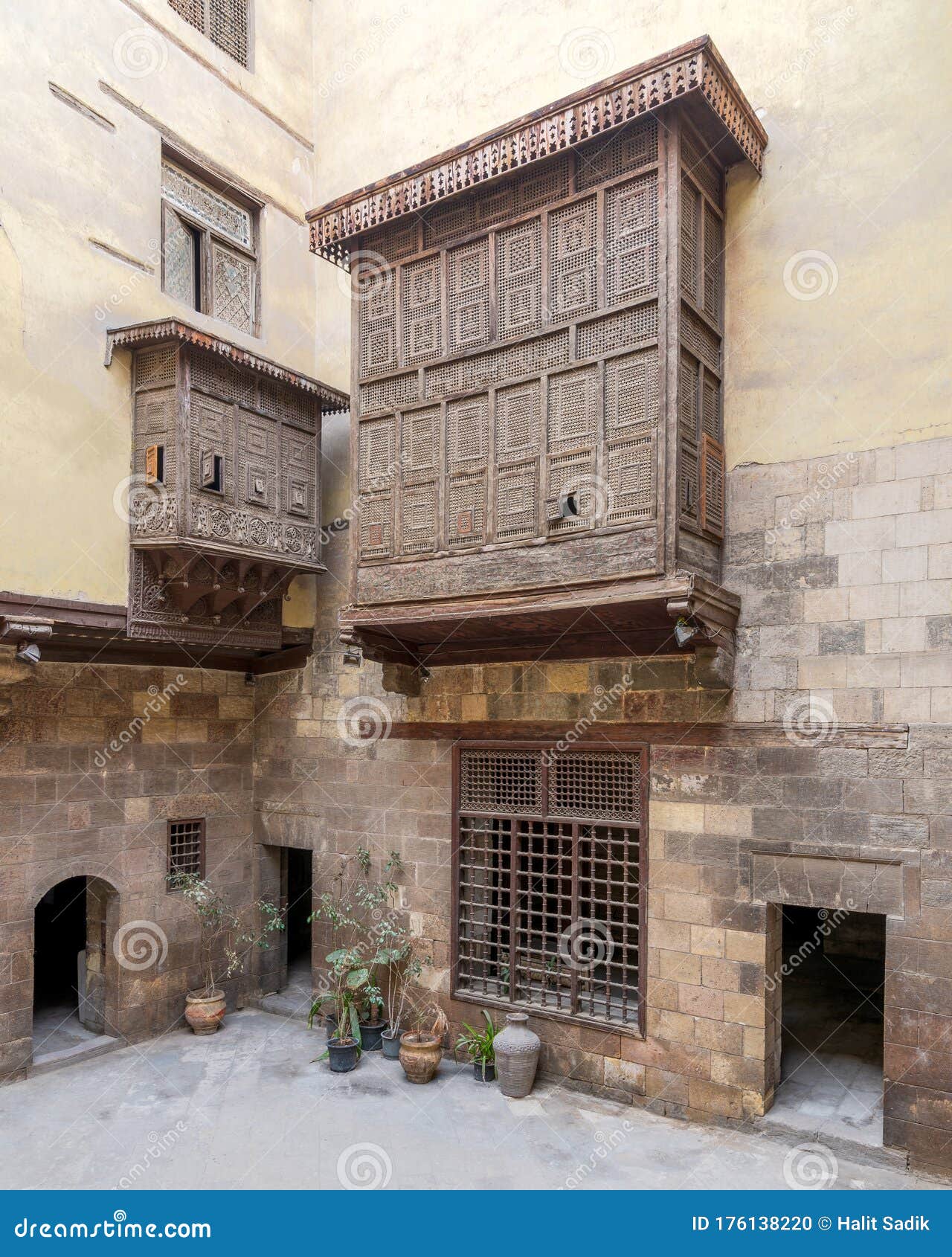 patio of ottoman historic house of el sehemy with wooden oriel windows