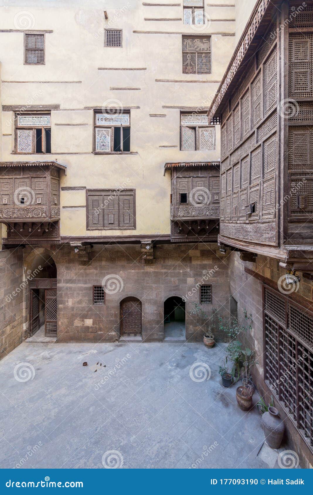 patio of ottoman historic house of zeinab khatoun with wooden oriel windows