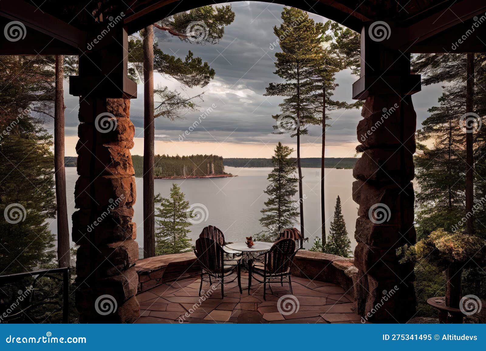 Patio with View of Lake, Surrounded by Towering Trees Stock Image