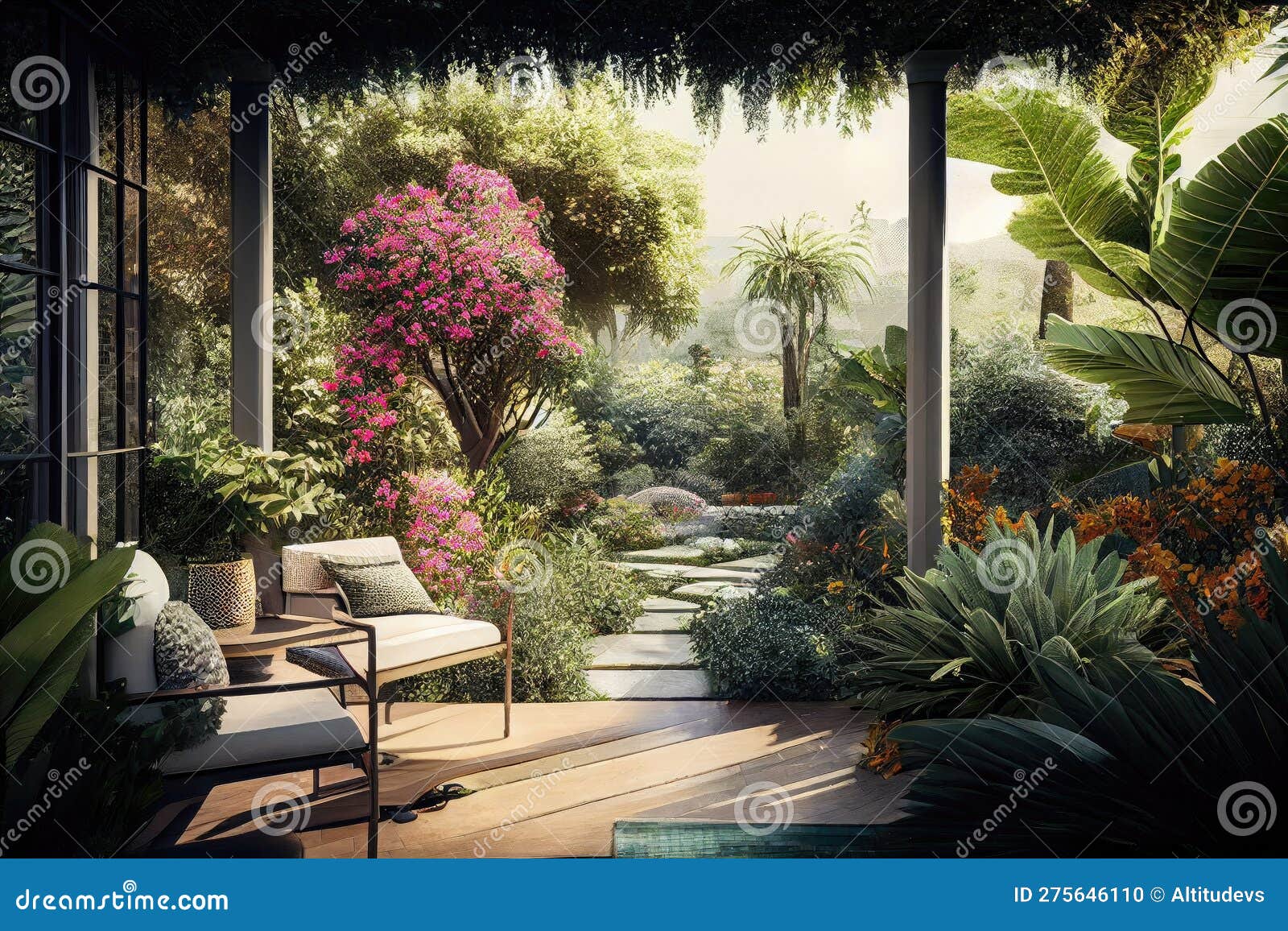 Patio with View of Lush Garden, Surrounded by Greenery and Tranquility