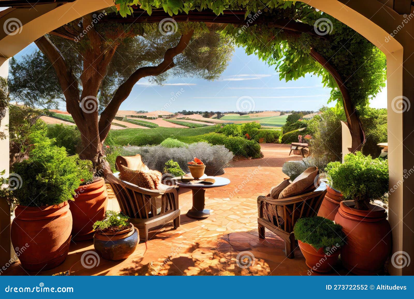 Patio with View of Rolling Hills, Surrounded by Greenery Stock