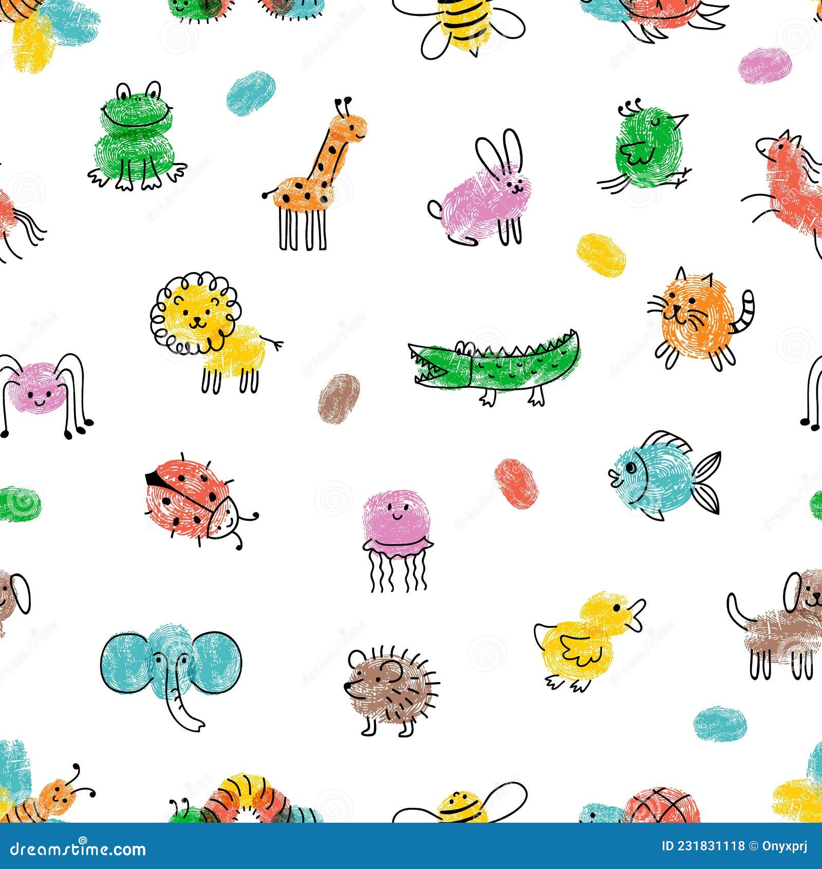 Patrón De Pintura Infantil. Animales De Huellas Dactilares Insectos De  Dibujo Lindos Y Huellas De Animales Salvajes. Vector De Gar Ilustración del  Vector - Ilustración de fingerprint, educativo: 231831118