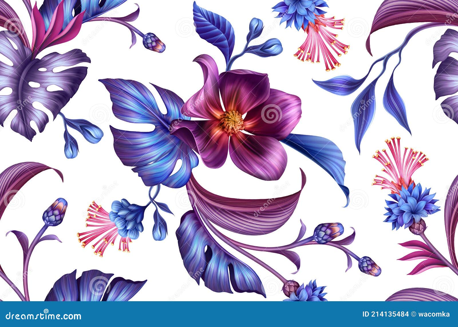 Patrón Floral Sin Costuras Con Una Variedad De Flores De Fantasía Tropical Y  Hojas Aisladas Sobre Fondo Blanco Azul Púrpura Botáni Stock de ilustración  - Ilustración de planta, manera: 214135484