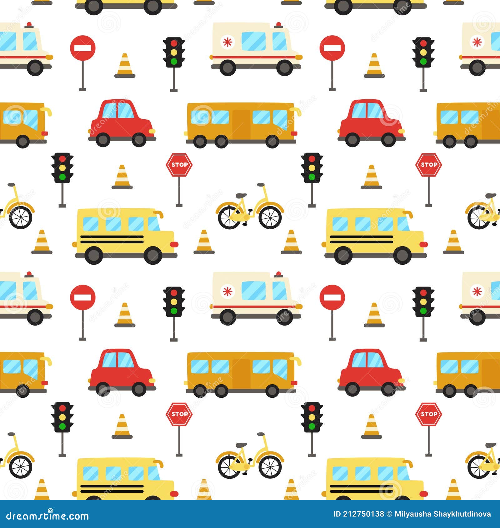 Patrón Sin Costuras Con Medios De Transporte De Dibujos Animados Lindo.  Ilustración del Vector - Ilustración de bicicleta, urbano: 212750138