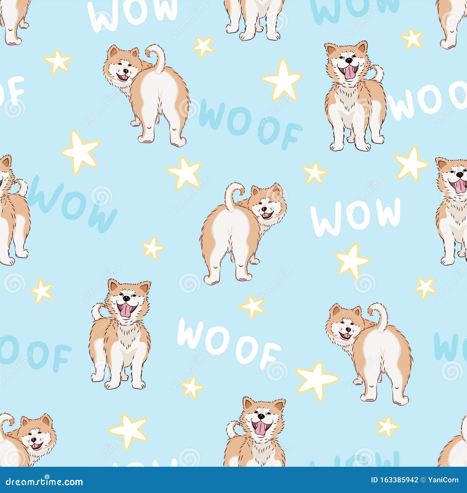 Patrón Sin Inconvenientes Con Dibujos Tiernos Akita, Mascotas Adorables  Graciosas, Sobre Fondo Azul Con Estrellas, Perfecto Para Ilustración del  Vector - Ilustración de perro, peludo: 163385942