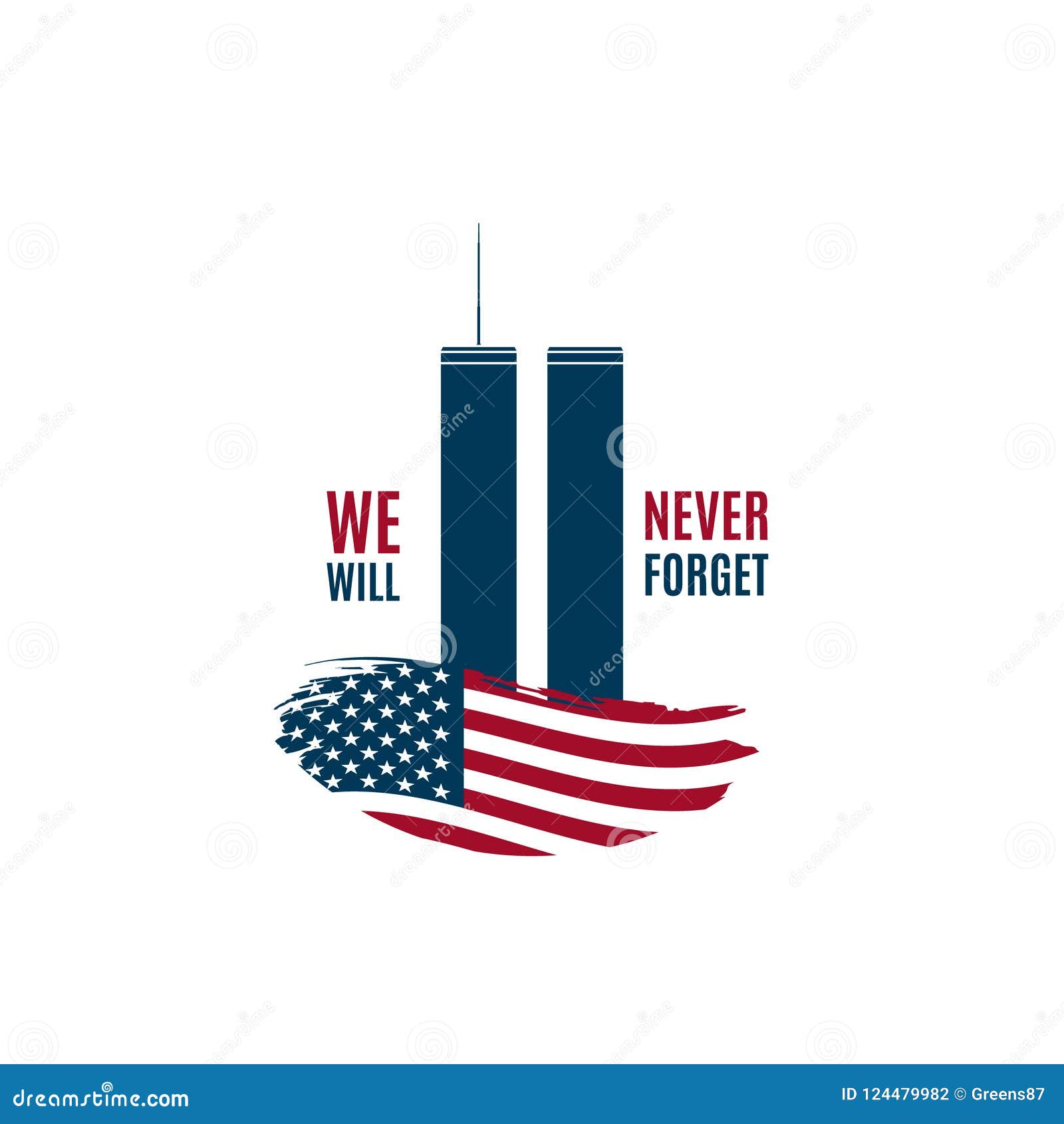 9/11 patriot day card with twin towers on american flag and phrase we will never forget.