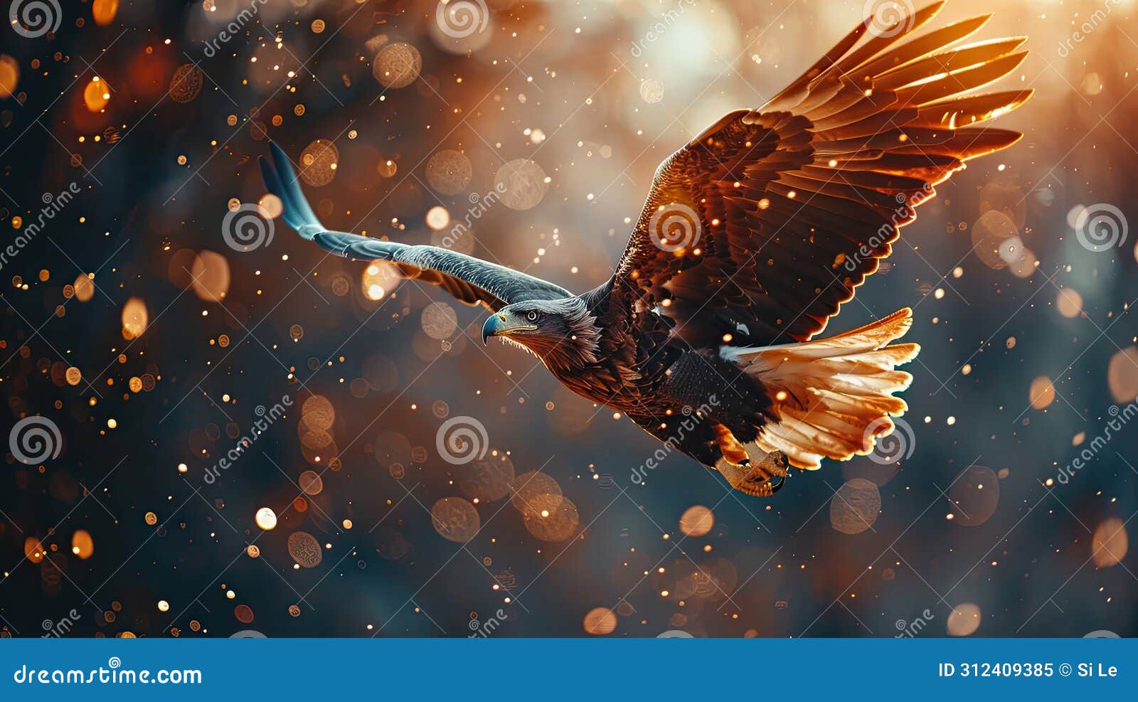 patriotic eagle soaring amid fireworks and bokeh lights on independence day