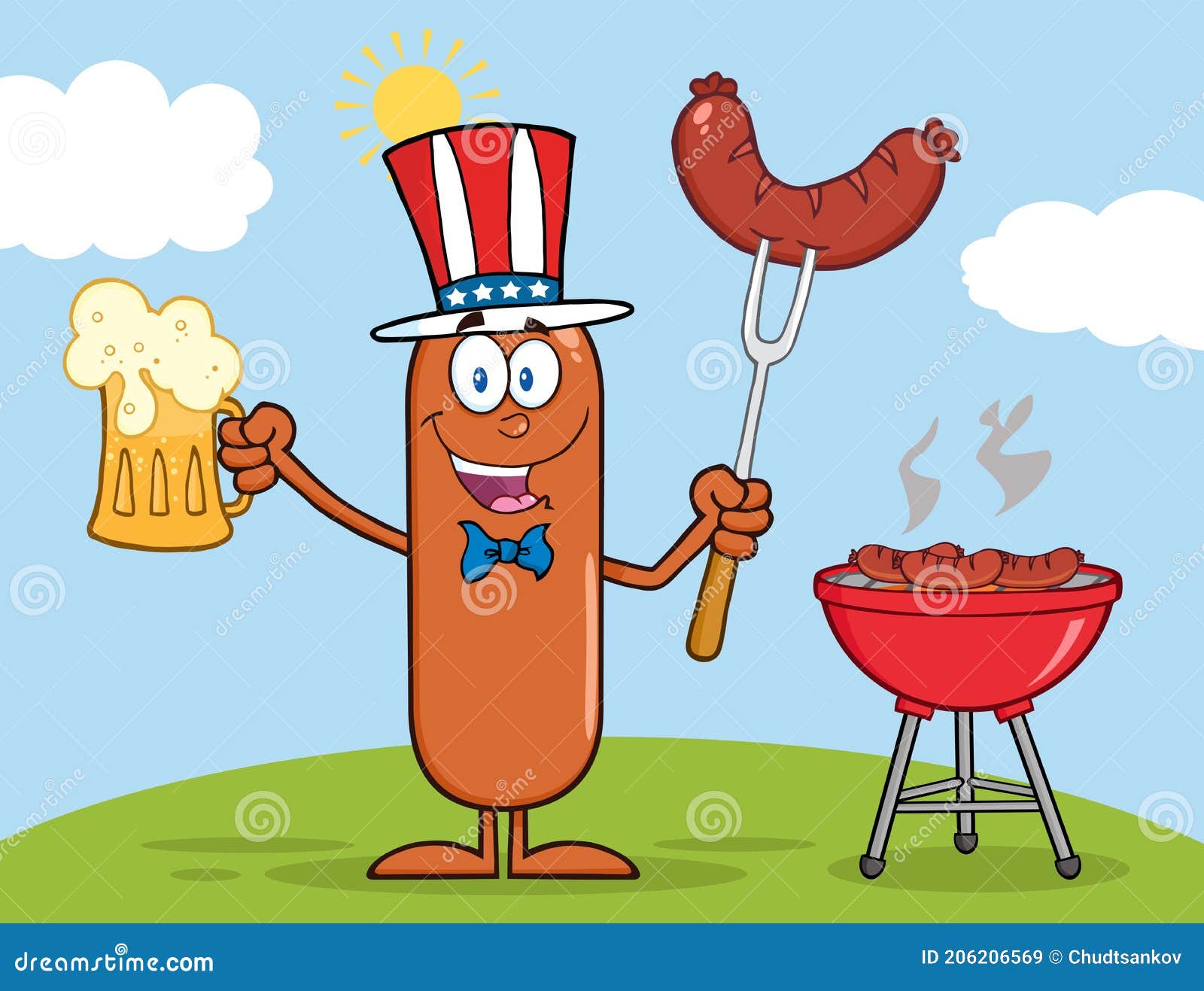 Patriotic Sausage Cartoon Character Holding a Beer and Weenie Next To BBQ  Stock Illustration - Illustration of glass, cute: 206206569