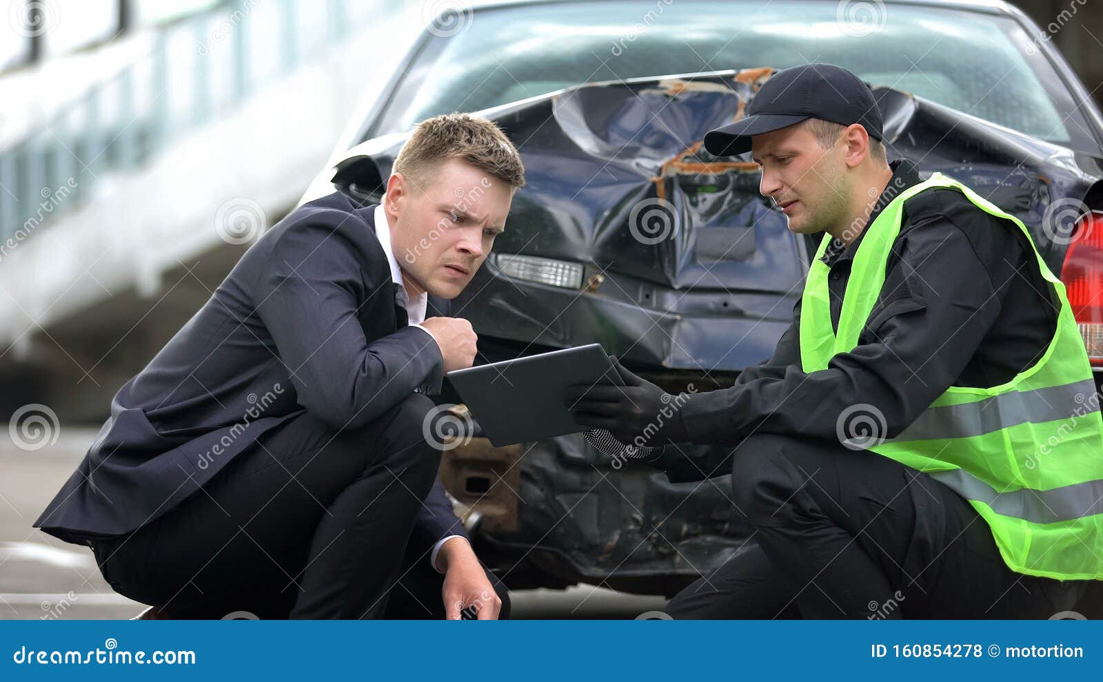 patrol worker showing driver online tablet report, modern technology, accident