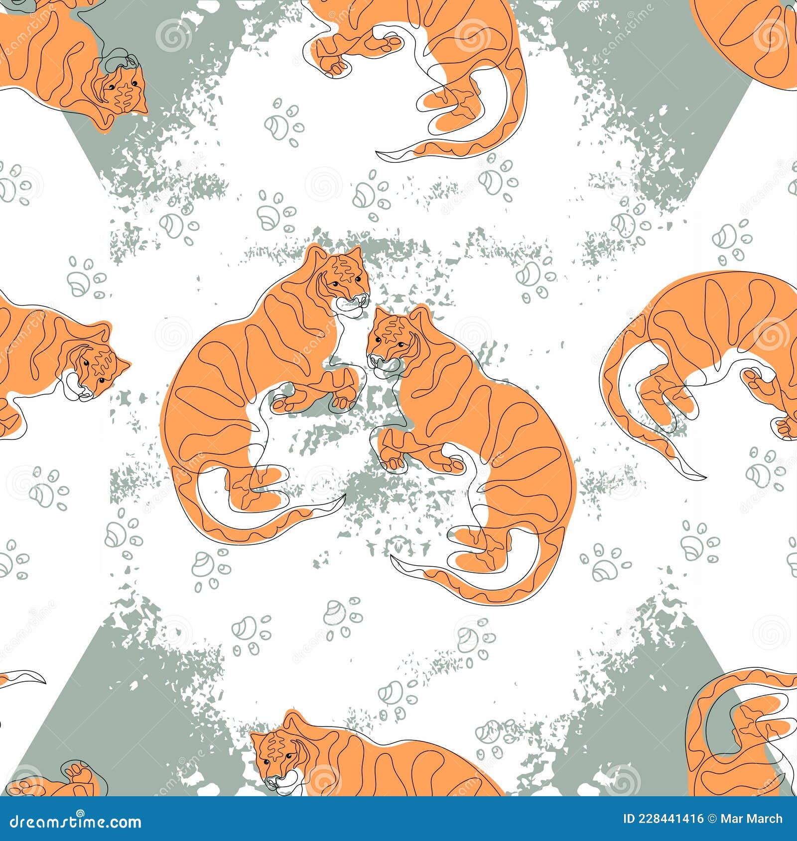 Vector Seamless Pattern of Lying Tigers. Line Art Tigers and Paw Prints