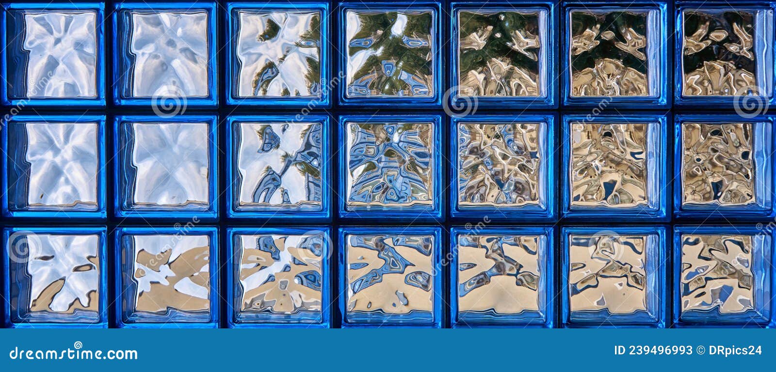 Pattern of Blue Glass Block Wall As Panoramic Background for Abstract