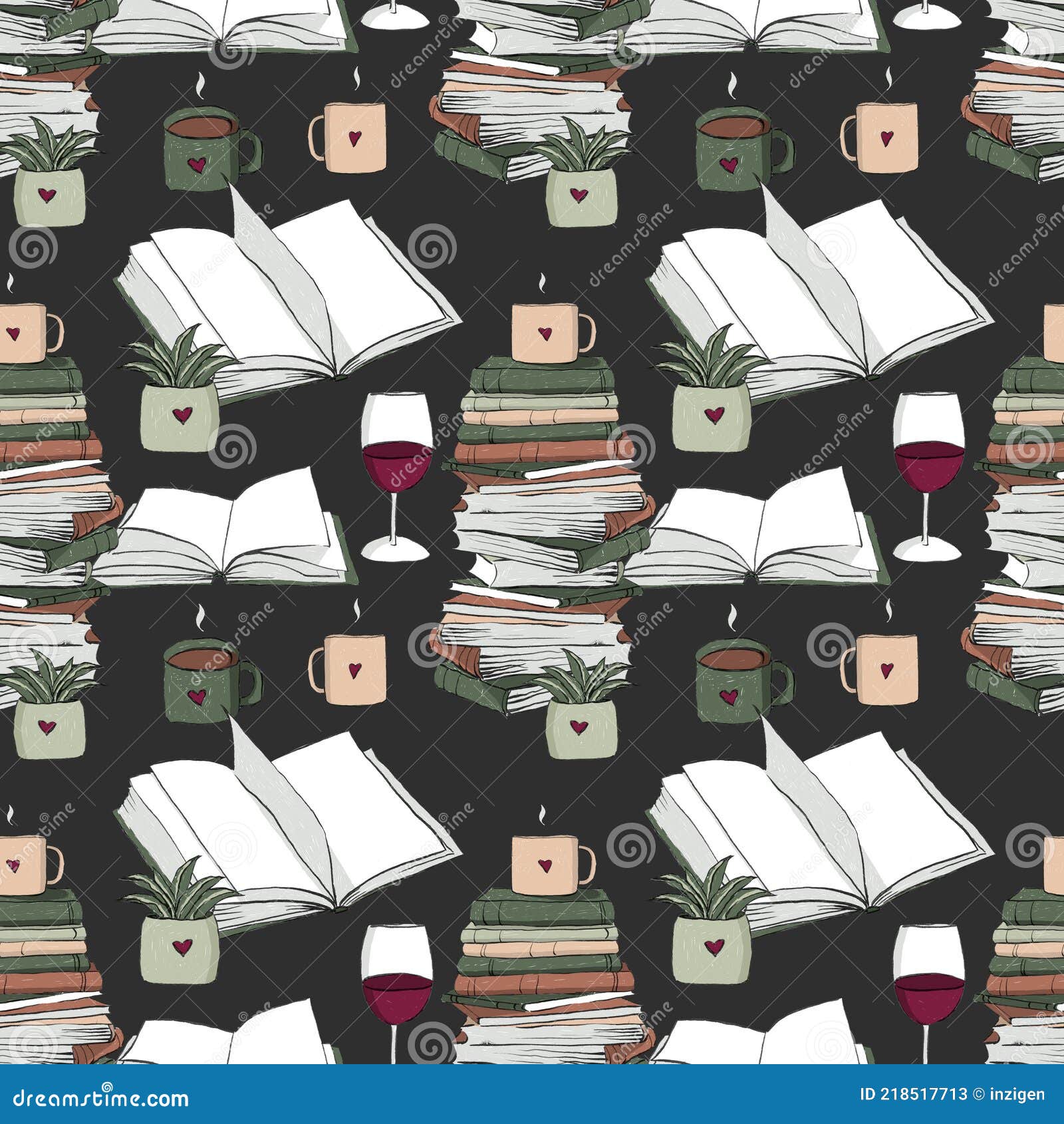 Pattern of Books, Coffee and Wine on a Black Background for a Book Lover,  Bookstore, or Library. Can Be Used on Fabric Stock Illustration -  Illustration of university, seamless: 218517713